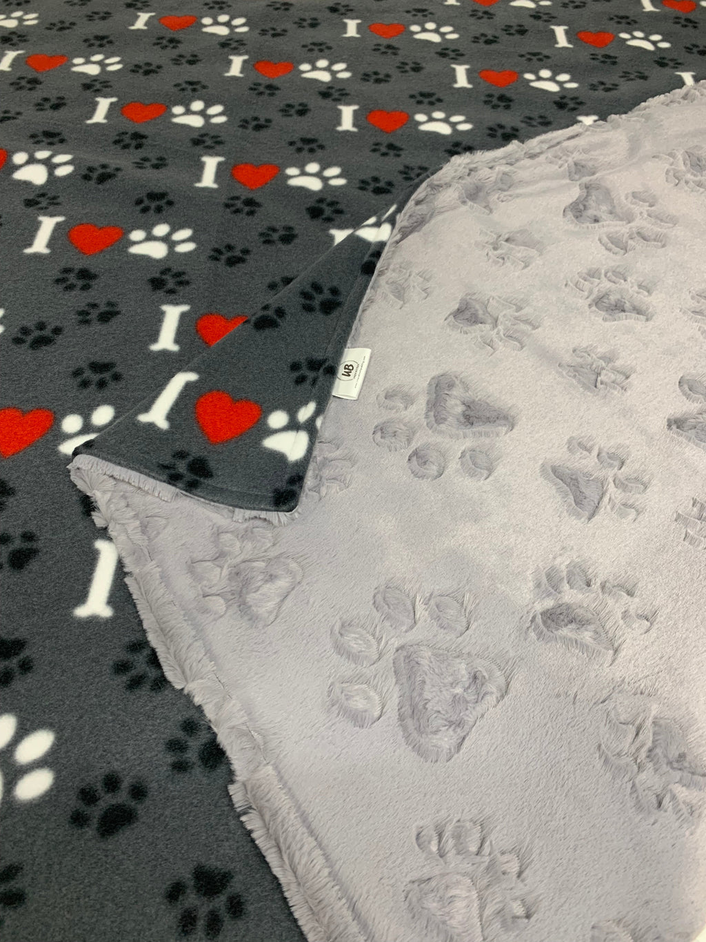 Paws, Hearts & Bones Fleece Blanket w/ Grey Paw Print Embossed Minky *Ready To Ship