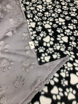 Black Paw Print Blanket w/ Grey Paw Print Luxe Minky