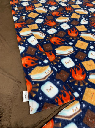 Blue Smores Fleece with Chocolate Brown Minky Adult Blanket