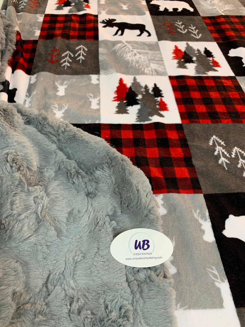 Cabin Quilt Minky Blanket w/ Grey Minky Options
