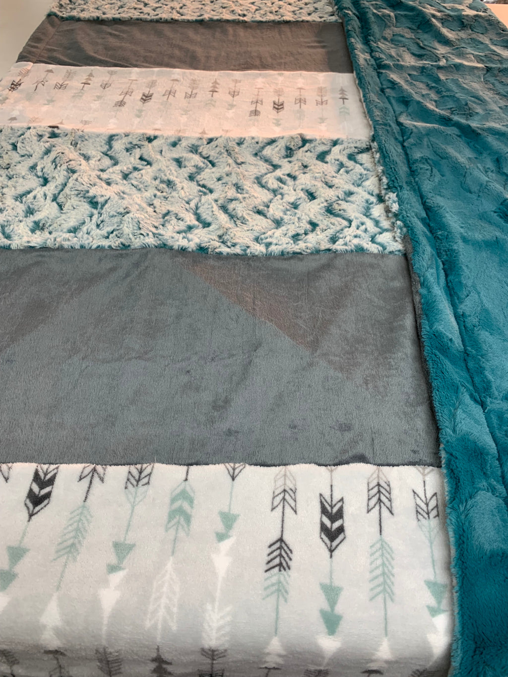Dark Teal Blue Ivory & Grey Minky Cuddle Panel Blanket