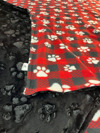 Paw Prints on Buffalo Plaid w/ Paw Embossed Minky Blanket - 3 Choices*Choose Size