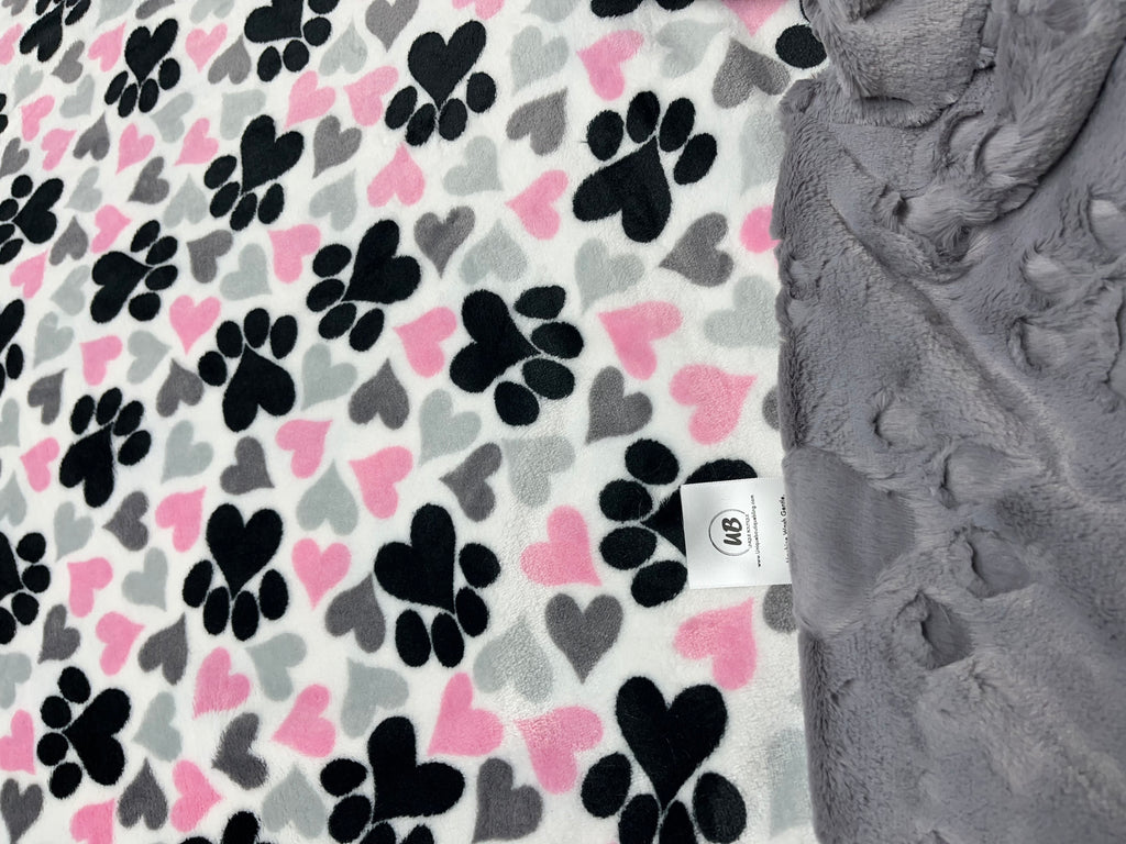 Pink Black Grey Lush Minky Paw Prints Blanket w/ Color Choice of Paw Print Embossed Minky & Size