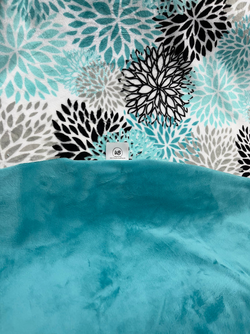 Teal Flowers Blooms Minky Blanket - Baby Size to King Size & Pillow Covers with Teal Minky