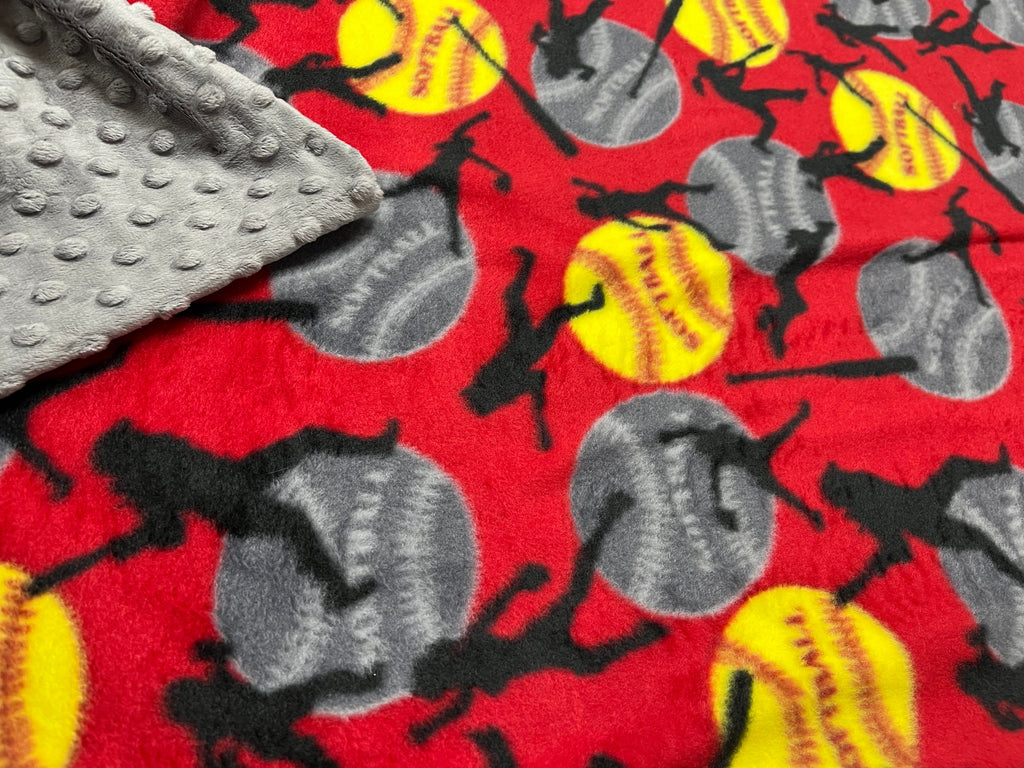 Red Softball Blanket backed with Graphite Gray Minky 2 size Options *Embroidery Personalization