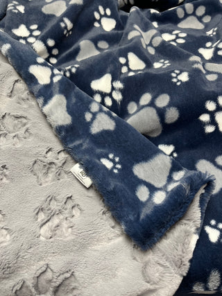 Navy Blue "PawSome" Paw Prints Blanket w/ Choice of Paw Print Embossed Minky Color - Choose Size & Pillow Covers