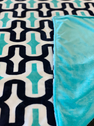 Aqua, Navy & White Milano Design Minky Blanket with Aqua Backing