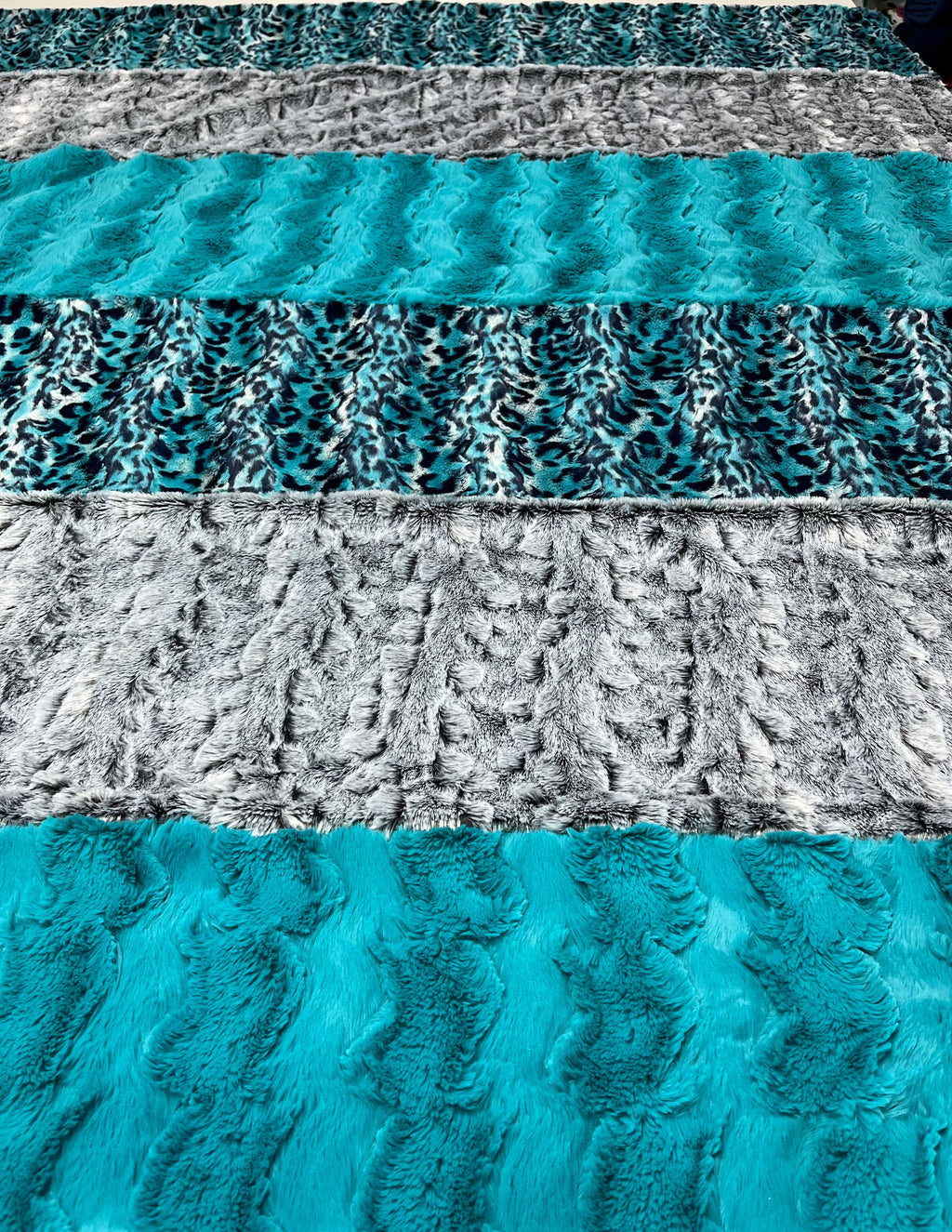 Teal Silver & Navy Blue Minky Cuddle Quilt Blanket