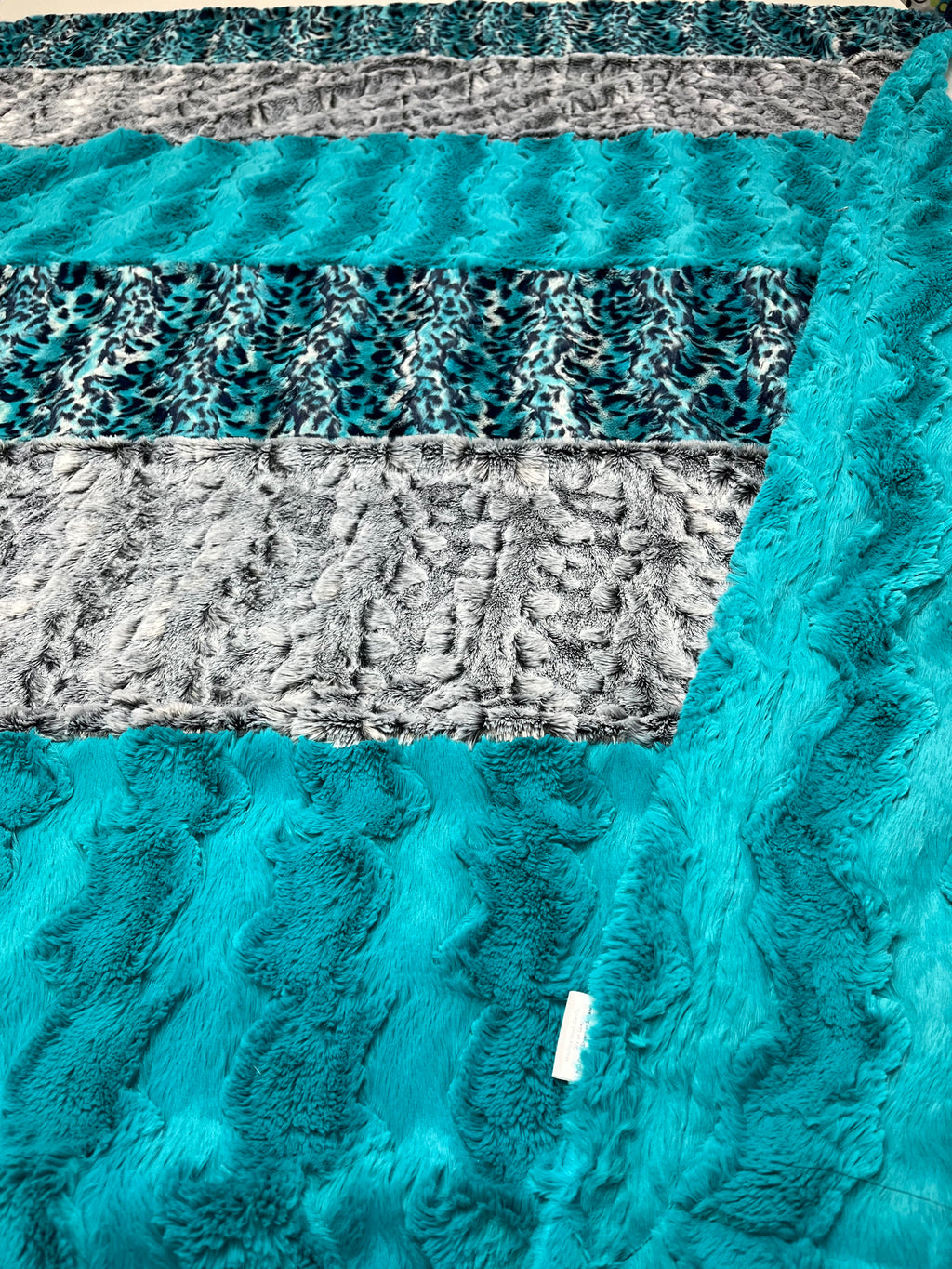 Teal Silver & Navy Blue Minky Cuddle Quilt Blanket