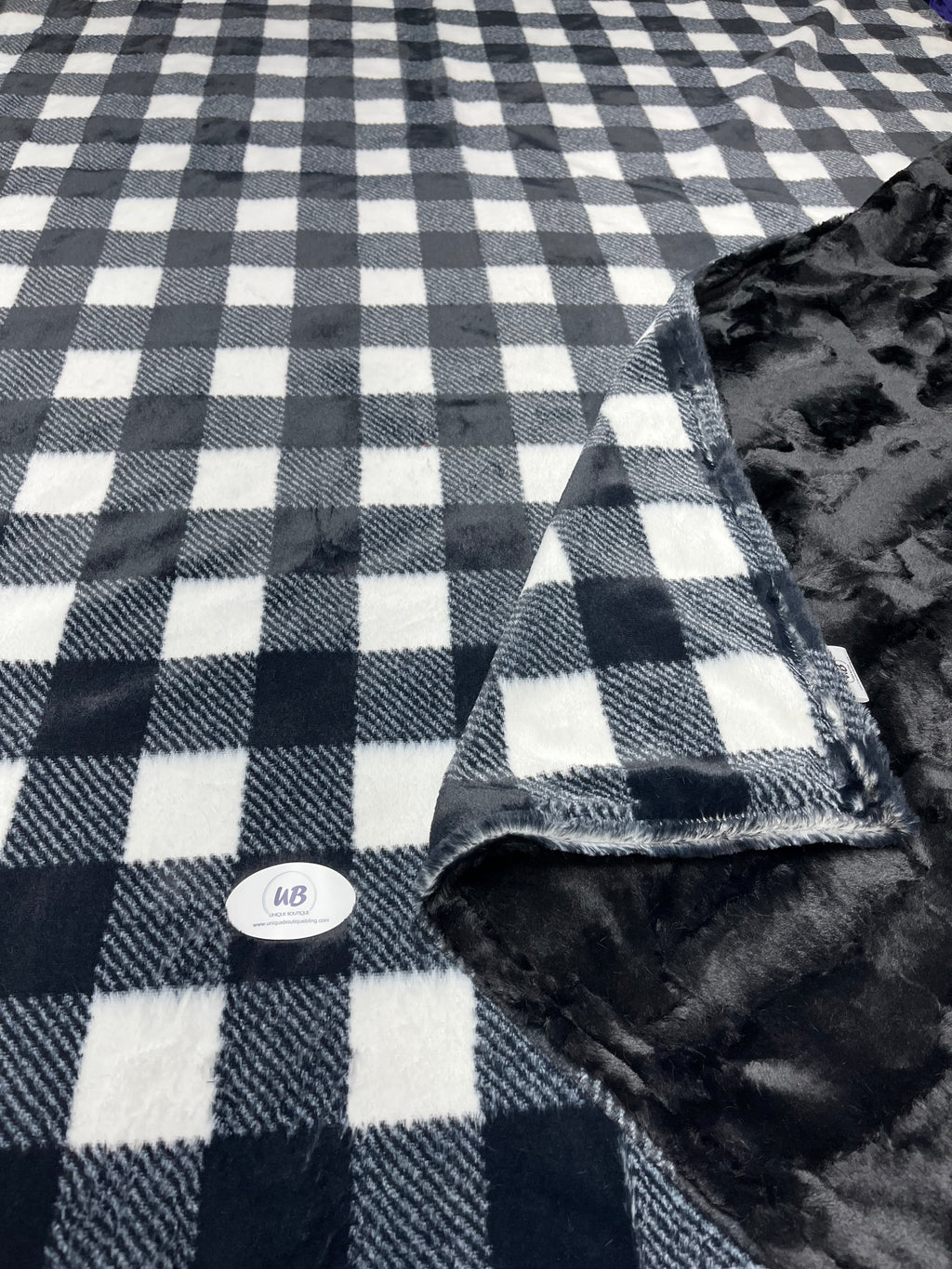 Black & White Checkered Plaid Minky Blanket w/ Black Hide Minky ***Choose Size