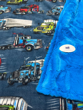 Semi Trucks Blanket with Blue Hide Minky