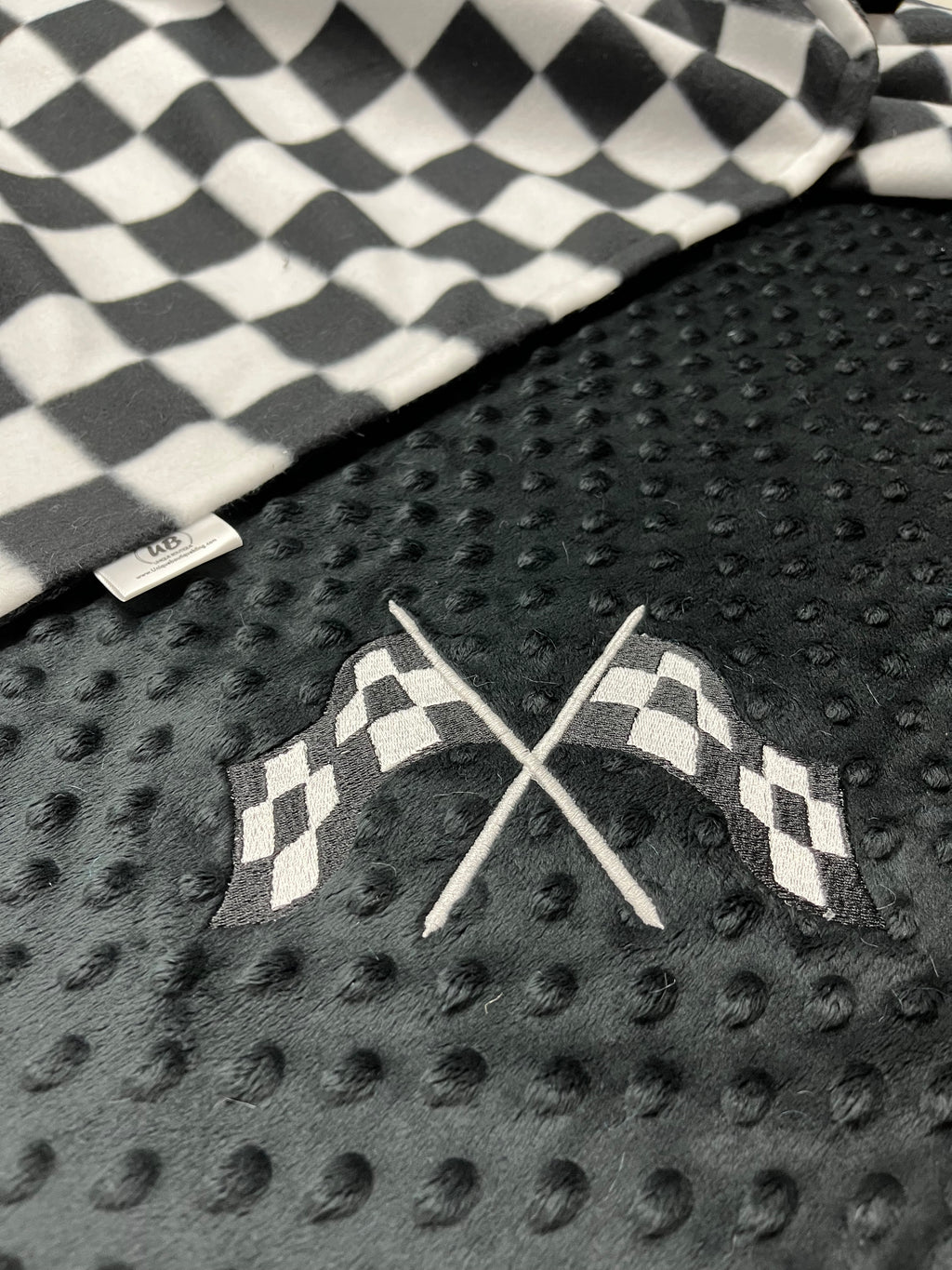 Checkered Plaid Fleece w/Embroidered Checkered Flags Blanket ~ Choose Minky Backing Color - 2 Sizes