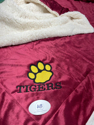 Maroon Minky Sherpa Blanket with Tigers and Paw Print Embroidery