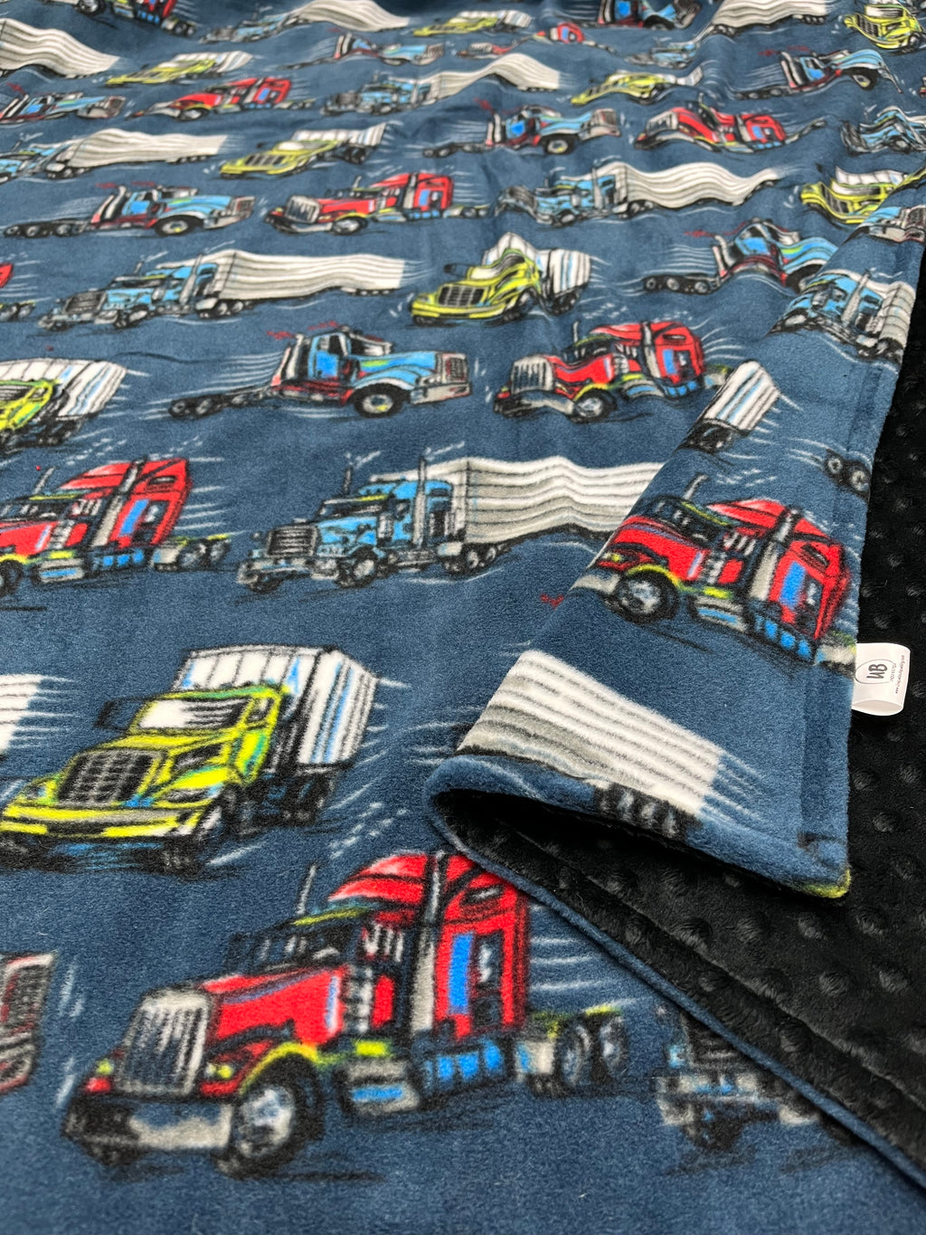 Semi Trucks Blanket with Black Dimple Dot Minky