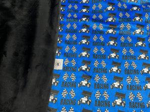 Sprint Cars & Checkered Flags on Blue Minky Blanket