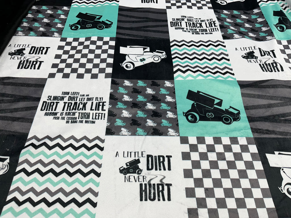 Sprint Cars & Dirt Never Hurt on Mint Quilt Blocks Minky Blanket