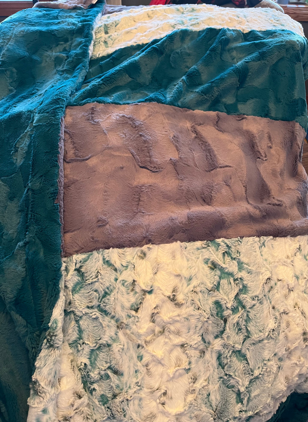 Dark Teal Blue, Snowy Owl & Grey Minky Cuddle Panel Blanket * Ready To Ship