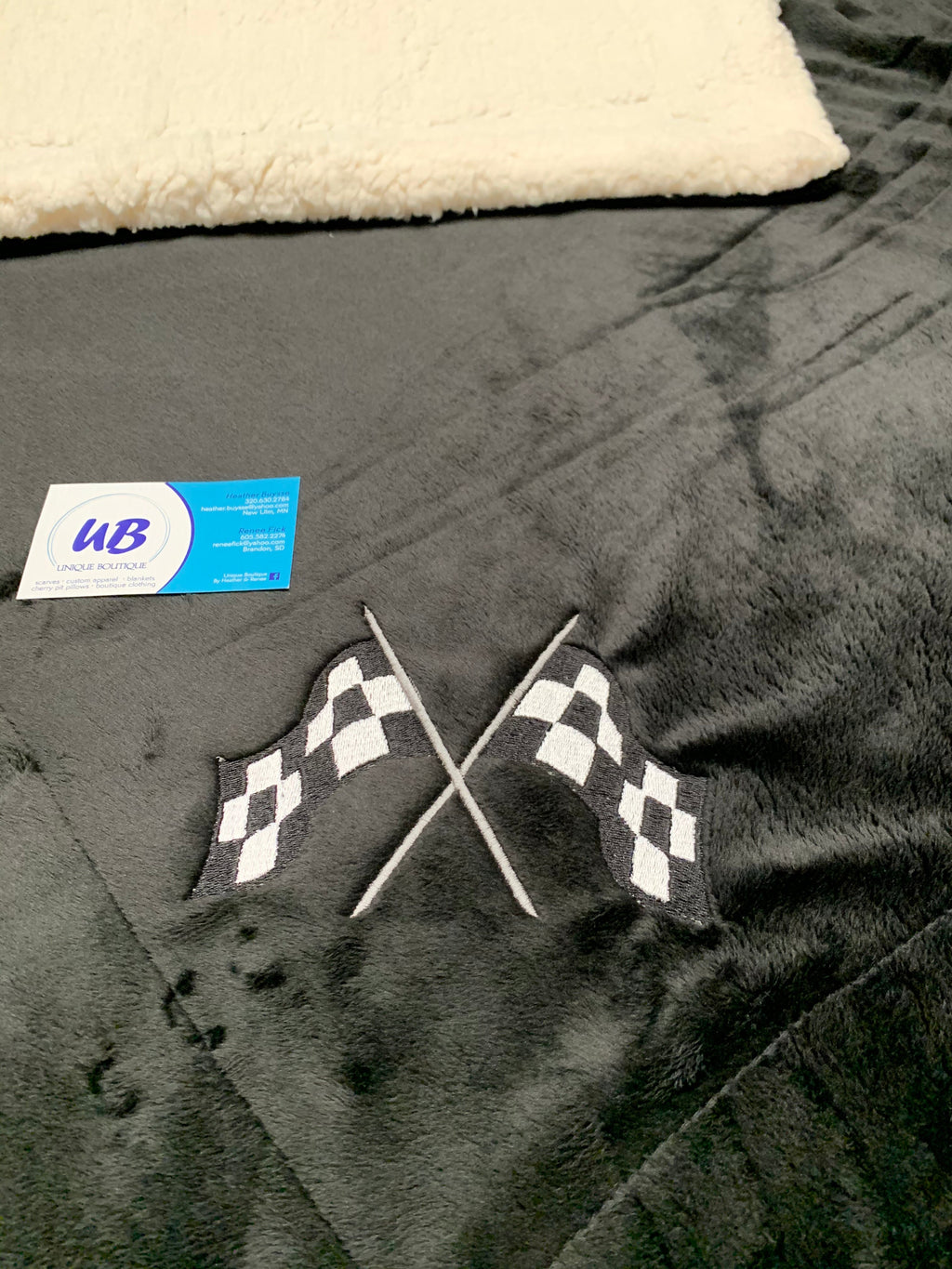 Royal Blue Minky Sherpa Blanket with Embroidered Checkered Flags