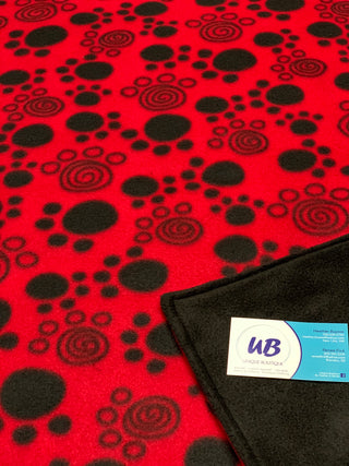 Small Pet Size Red Paw Print Blanket with Black Fleece Backing