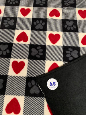 Paw Print with Hearts Blanket backed in Black ~ Adult Size