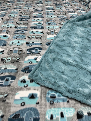 Campin'  Campers on Grey Minky Blanket w/Blue Backing