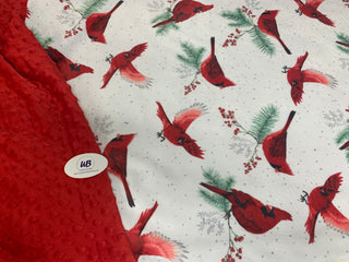 Red Cardinals on White with Red Cuddle Dot Minky- Choose Throw Size or Adult Size