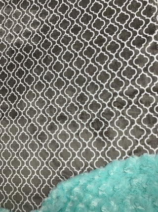 Grey Trellis Patterned Minky Blanket w/ Aqua Rose Minky