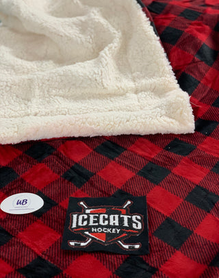 Black & Red Buffalo Plaid  Minky Sherpa Blanket with Embroidered Ice Cats