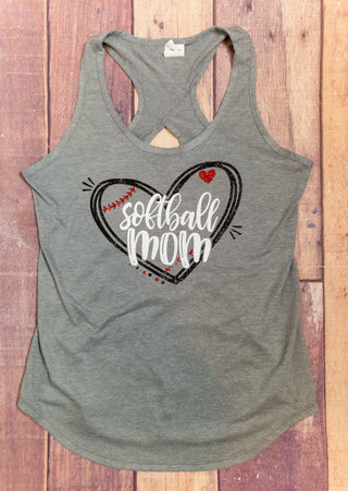 Softball Mom Heart Sparkle Keyhole Tank - More Color Options