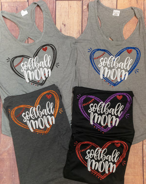 Softball Mom Heart Sparkle Keyhole Tank - More Color Options