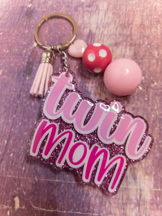 Twin Mom Pink Sparkle Keychain