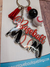 Baseball Mom Silver Sparkle Keychain - Black & Red