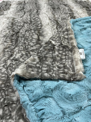 Grey Fawn Spotted Minky w/ Blue Minky Blanket - Ready To Ship