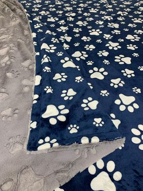 Navy Blue Paw Prints w/ Grey Paw Print Embossed Minky Blanket - 6 sizes