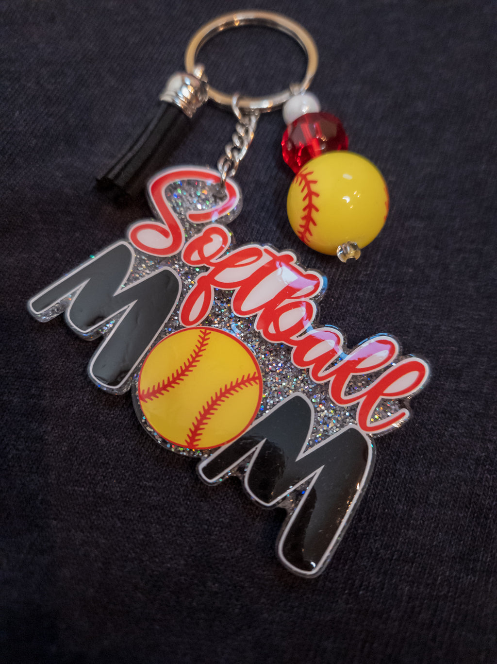 Softball Mom Silver Sparkle Keychain - Black & Red