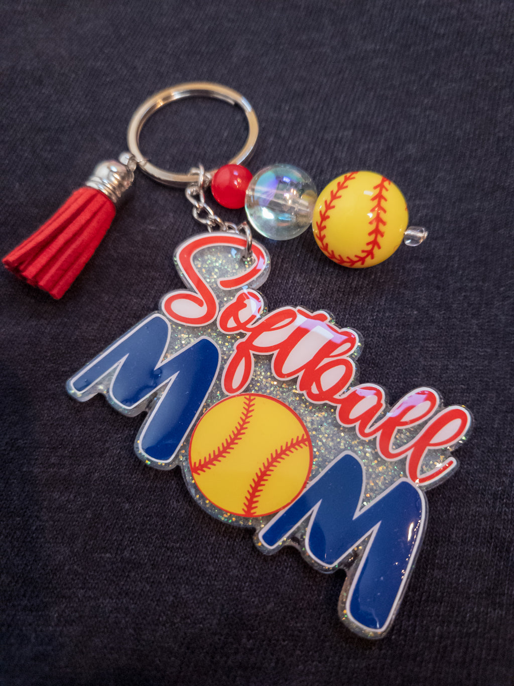 Softball Mom White Sparkle Keychain - Blue & Red