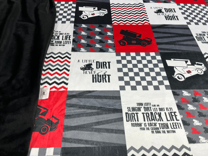 Sprint Cars & Dirt Never Hurt on Red & Black Quilt Blocks Minky Blanket