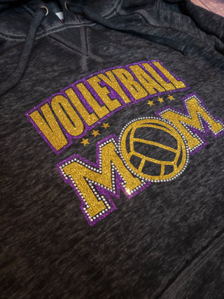 Volleyball Mom Rhinestone Fleece Hoodie - Black, Gold, Purple