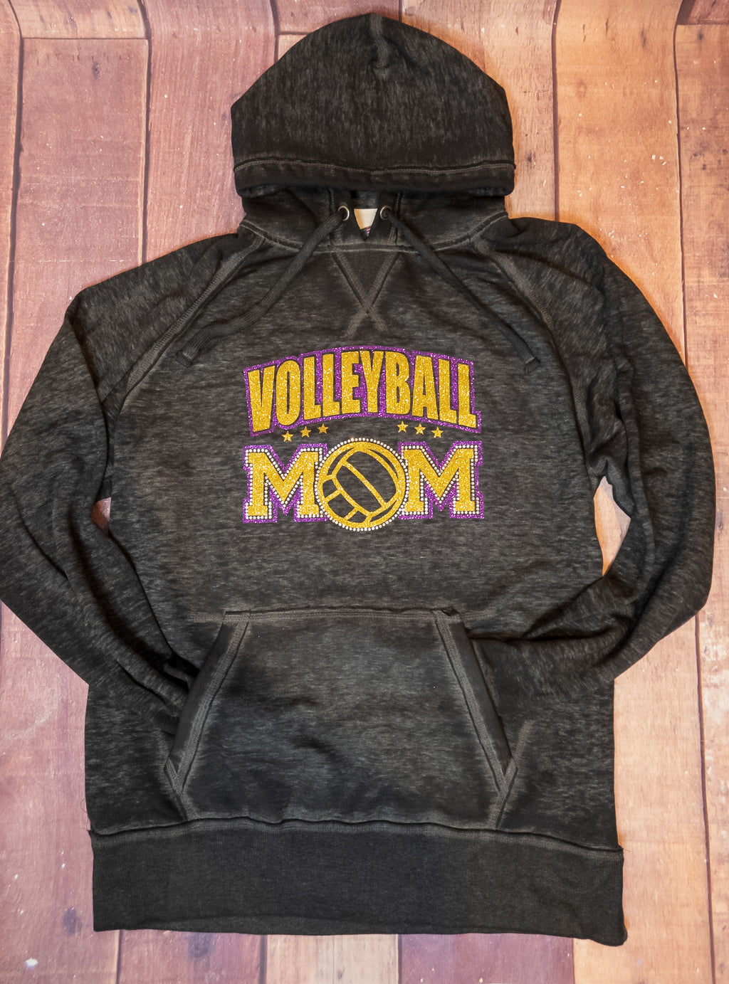 Volleyball Mom Rhinestone Fleece Hoodie - Black, Gold, Purple