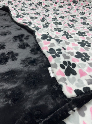 Pink Black Grey Lush Minky Paw Prints Blanket w/ Color Choice of Paw Print Embossed Minky & Size