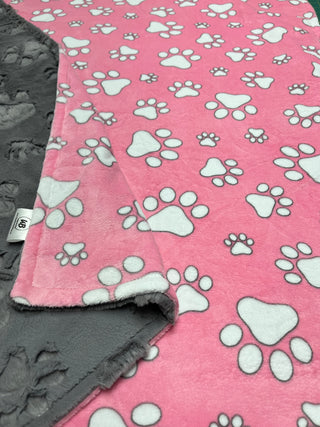 Pink Paw Prints w/ Paw Print Embossed Minky Blanket -Choose Size