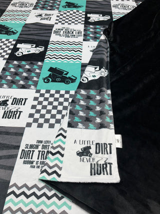 Sprint Cars & Dirt Never Hurt on Mint Quilt Blocks Minky Blanket