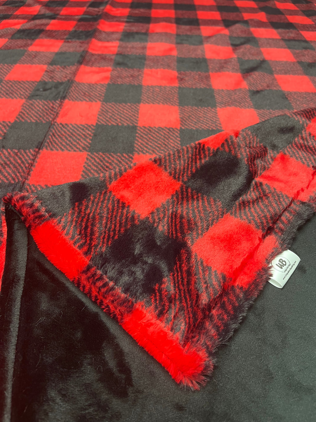 Black & Red Buffalo Plaid Minky Blanket w/ Black Minky Backing *Choose Size