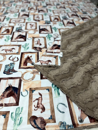 Old West Horses w/ Taupe Minky Blanket - 6 sizes