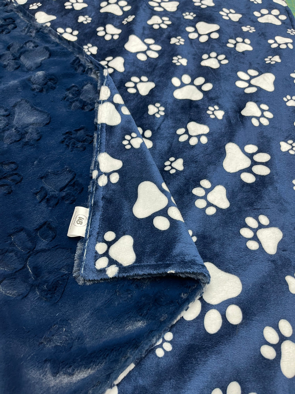 Navy Blue Paw Prints w/ Navy Paw Print Embossed Minky Blanket - 6 sizes