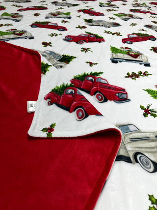 Christmas Tree Pickup Minky Blanket w/Red Minky Backing **Ready To Ship